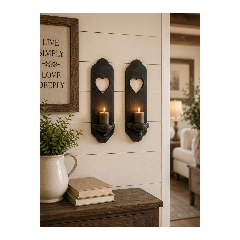 Vtg Black Country Wooden Wall Sconces w/ Heart Cutouts Candle Holder Farmhouse